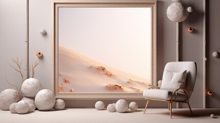 Obraz premium 3D Mockup poster empty Blank Frame, hanging on a cosmic-inspired abstract wall adorned with stones, dry fruits, a vase, and a chair, above a celestial modern display room