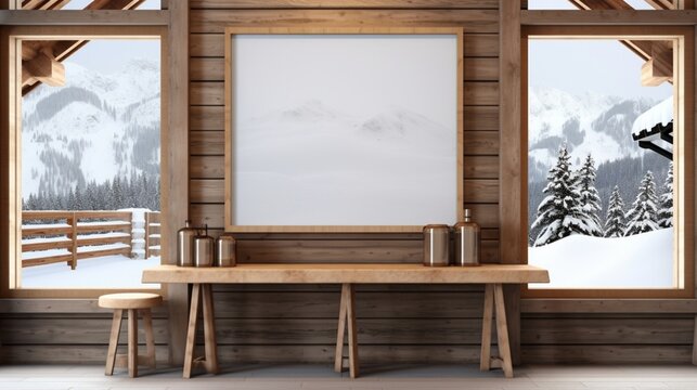 3D Mockup poster empty Blank Frame, hanging on a snowy mountain wall, above a ski lodge-themed display room