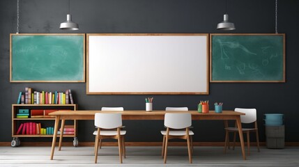 3D Mockup poster empty Blank Frame, hanging on a chalkboard wall, above a classroom-inspired...