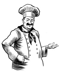 Naklejka premium Restaurant chef character. Black and white drawing