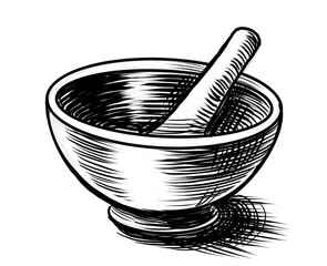 Mortar and pestle. Hand-drawn black and white illustration