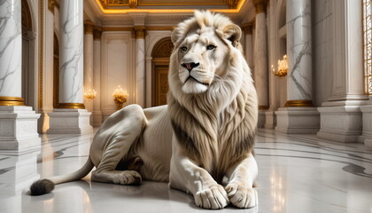 A Regal Presence: White Lion Sitting in a Marble Room