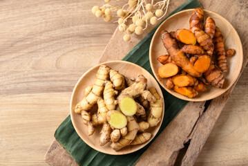 Fresh turmeric white and yellow color, Spice in Asian cuisine