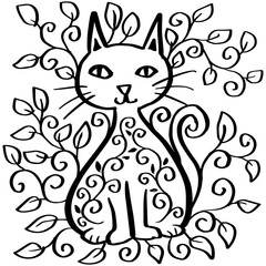 Hand drawn cat with floral ornament. Black and white vector illustration.