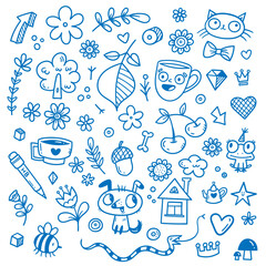 Doodle set with different animals and objects. Vector contour cute funny stickers.
