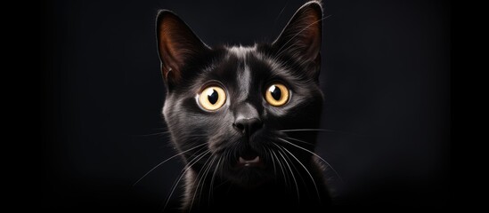 Scared black cat up close