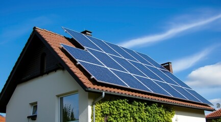 Fototapeta premium Solar panel cells system on roof, sustainable energy alternative
