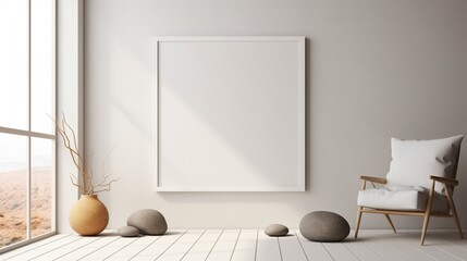 3D Mockup poster empty Blank Frame, hanging on a celestial-inspired abstract background with stones, dry fruits, a vase, and a chair, above a cosmic modern display room