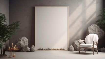 3D Mockup poster empty Blank Frame, hanging on a cosmic abstract background with stones, dry fruits, a vase, and a chair, above a celestial modern display room