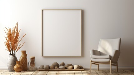 3D Mockup poster empty Blank Frame, hanging on an energetic abstract wall adorned with stones, dry...
