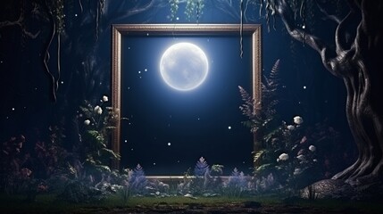 Obraz premium 3D Mockup poster empty Blank Frame, hanging on a moonlit night sky wall, above a mystical midnight garden-themed display room