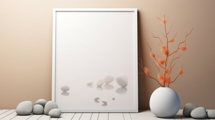 3D Mockup poster empty Blank Frame, hanging on an underwater-themed abstract background with stones, dry fruits, a vase, and a chair, above an aquatic modern display room