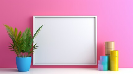 3D Mockup poster empty Blank Frame, hanging on a rainbow-colored wall, above a vibrant and cheerful display room