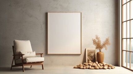 3D Mockup poster empty Blank Frame, hanging on an industrial-inspired abstract wall adorned with stones, dry fruits, a vase, and a chair, above a minimalist modern display room
