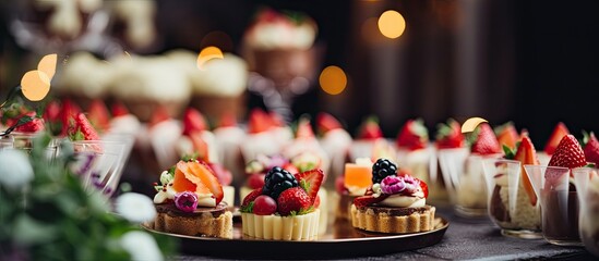 Mini canapes, delicious desserts, and appetizers beautifully decorate the banquet table for a wedding celebration.