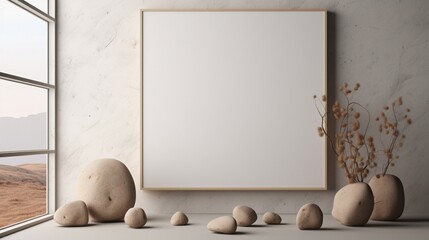 3D Mockup poster empty Blank Frame, hanging on a surreal abstract wall featuring stones, dry...
