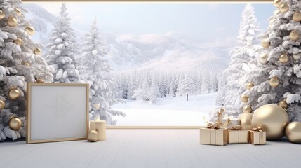 3D Mockup poster empty Blank Frame, hanging on a snowy mountain backdrop with silver and gold Christmas decorations, above a sleek alpine-inspired modern display room