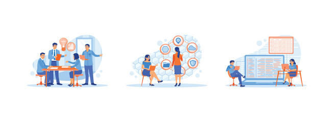 Discuss Information concept. We were discussing business ideas and looking for solutions. Server rack cabinet. Brainstorming and programming on a laptop computer. 