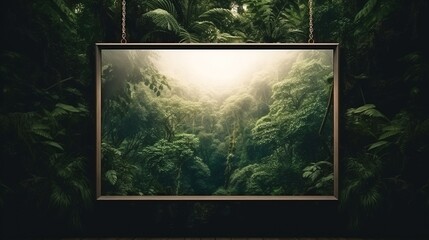 3D Mockup poster empty Blank Frame, hanging on a forest canopy wall, above a treetop explorer's display room