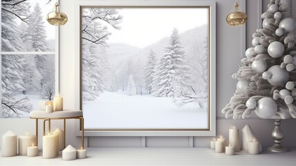 3D Mockup poster empty Blank Frame, hanging on a snowy landscape background with silver and gold...