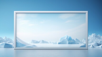 3D Mockup poster empty Blank Frame, hanging on an iceberg wall, above an arctic exploration-themed display room