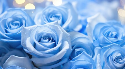 a close up of blue and light gray roses with bokeh light
