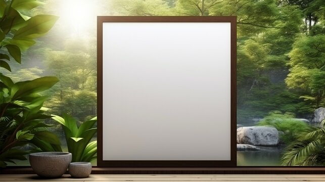 3D Mockup poster empty Blank Frame, hanging on a zen garden wall, above a meditation and relaxation-themed display room
