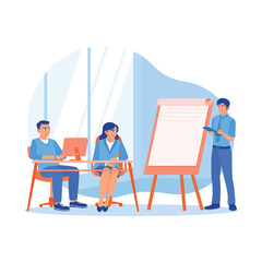 Skilled and intelligent leader giving educational workshop presentations in the office. Concentrated employee listening to explanations during the presentation. Briefings concept.