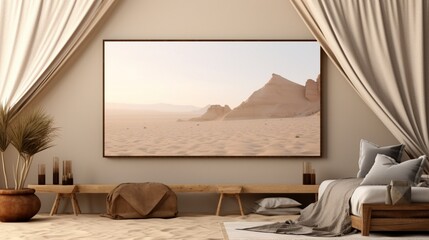 3D Mockup poster empty Blank Frame, hanging on a desert oasis wall, above a Bedouin traveler's...