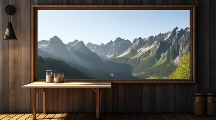 3D Mockup poster empty Blank Frame, hanging on a mountainous landscape wall, above a hiker's mountain cabin-themed display room