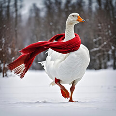 White goose wearing a red winter scarf in winter forest