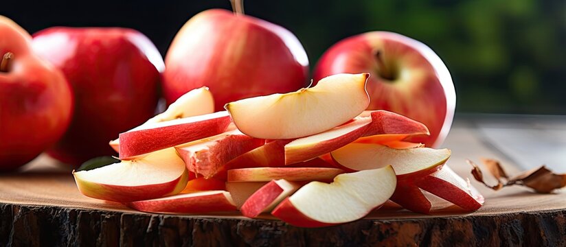 Ripe apple slices on a wood table.