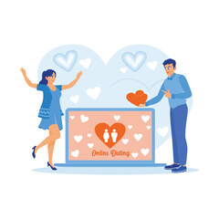 Young couple visiting online dating site on laptop screen. Young man giving heart symbol to his partner. Online Dating concept. Trend Modern vector flat illustration