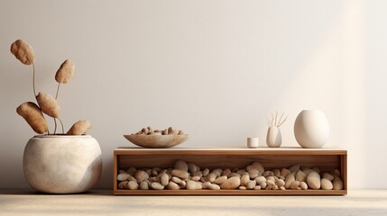 3D Mockup poster empty Blank Frame, hanging on an industrial-inspired abstract wall featuring stones, dry fruits, a vase, and a chair, above a minimalist modern display room