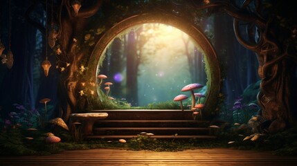 3D Mockup poster empty Blank Frame, hanging on an enchanted forest wall, above a fairy-tale-inspired display room - obrazy, fototapety, plakaty