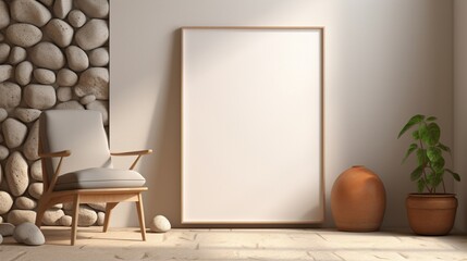 3D Mockup poster empty Blank Frame, hanging on an energetic abstract background with stones, dry fruits, a vase, and a chair, above a lively modern display room