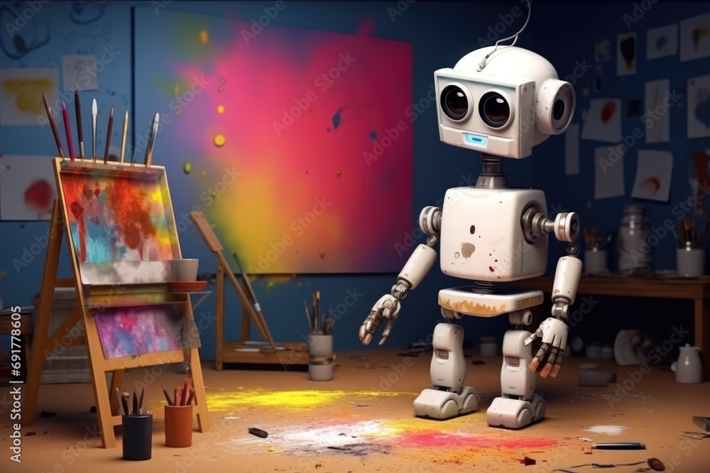Poster concept of generative ai art technology, robot painting picture in studio. comeliness