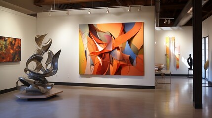 Artistic sculpture, Abstract metal structure, Vibrant painting on a canvas, hanging on a wooden wall, above an art gallery display room