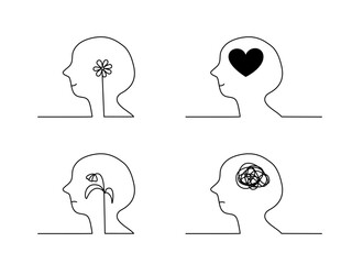 Continuous line art of a flower and heart symbol 
 inside human head in positive and negative emotion.