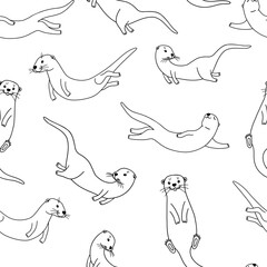 Cute otters in different actions, vector outline illustrations isolated on white background. Otters swimming and standing.