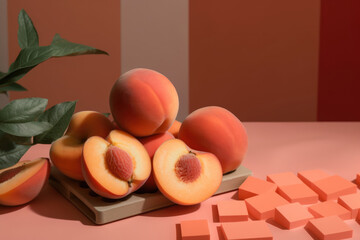 Ripe Peaches and Cubes in Peach fuzz palette colors. Colour trend 2024, concept. Pantone Peach Fuzz 13-1023
