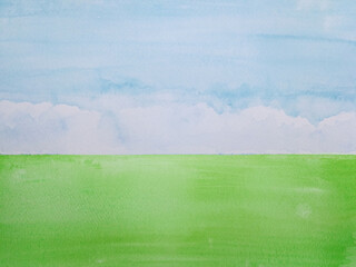 watercolor landscape hill green meadow field with blue sky.hand drawn on paper. - 691779295