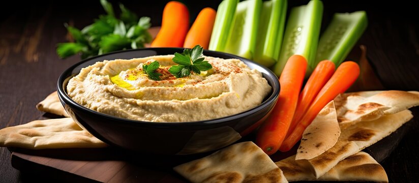 Nutritious hummus dip with pita bread and veggies
