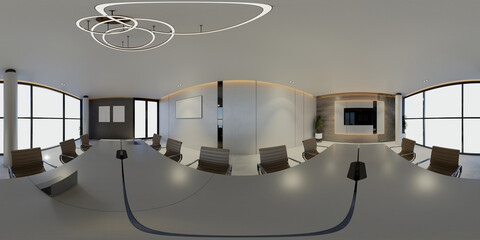 3D illustration of a 360 degrees rendering. It showcases modern conference interiors with screens on the walls, representing the concept of a workplace and enterprise. - obrazy, fototapety, plakaty