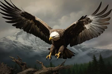  American bald eagle in flight. Mountains at the background. AI Generated © Serhii