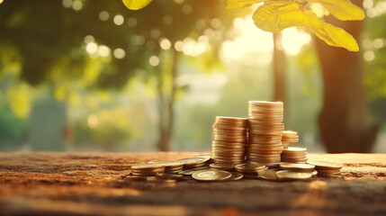 An image featuring stacked gold coins and a money bag resembling a tree growing, placed on wood in the morning sunlight at a public park.  - obrazy, fototapety, plakaty