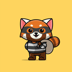 Cute thief red panda cartoon vector illustration animal proffession concept icon isolated