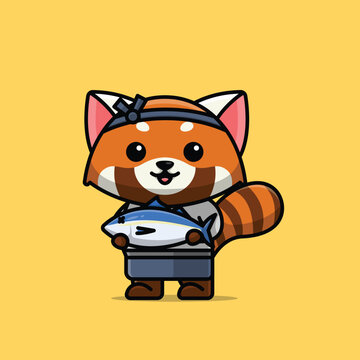 recommend clip art: Cute fishmonger red panda cartoon vector illustration animal proffession concept icon isolated