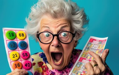 Shocked elderly woman win bingo game
