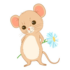 Vector cute little mouse character standing smiling with flower daisy. Cartoon happy baby rat isolated on white.
